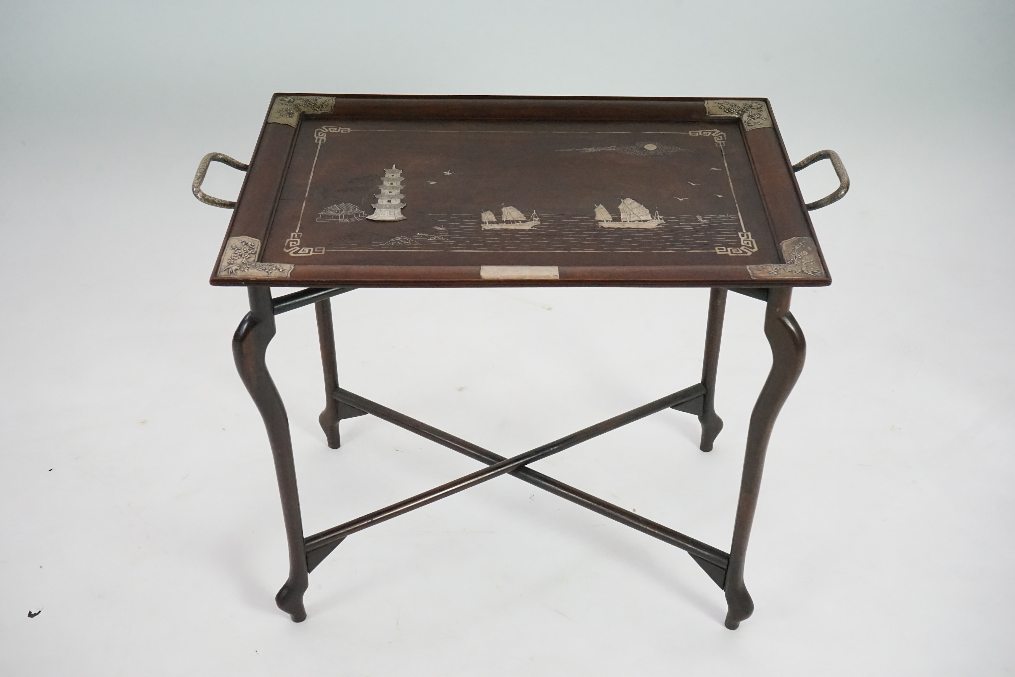 A large Chinese hongmu and silver mounted tray and stand, c.1900-10